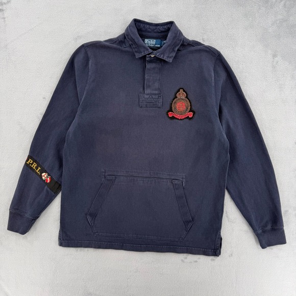Vintage Polo Ralph Lauren Navy Blue Rugby Shirt Crest Patch Custom Fit Mens M - Picture 2 of 16